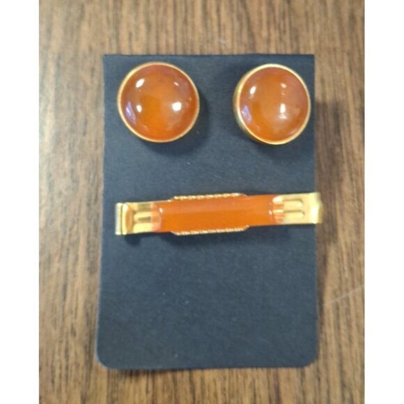 Rare Vintage Russian Soviet AMBER Cufflinks & Tie Clip Made in USSR - Picture 3 of 6